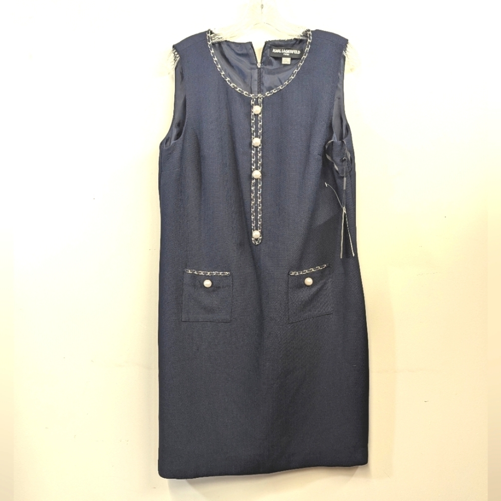 Karl Lagerfeld Elegant Navy Sleeveless Dress Shift Classic Chain Pearls 14 - Picture 5 of 17